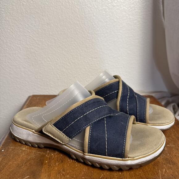 Clarks Womens Canvas Sandals Slide Open Toe Comfort Adjustable Band Blue Tan 6 - Picture 1 of 9